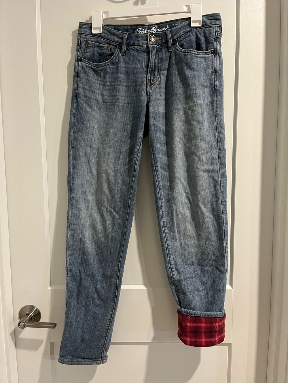 Eddie Bauer Women’s Denim Jeans with Red Plaid Flannel Lining